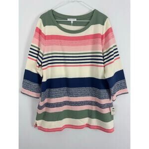 T by Talbots Color Block Stripe 3/4 Sleeve Knit Sweater 100% Cotton Size 1X Plus